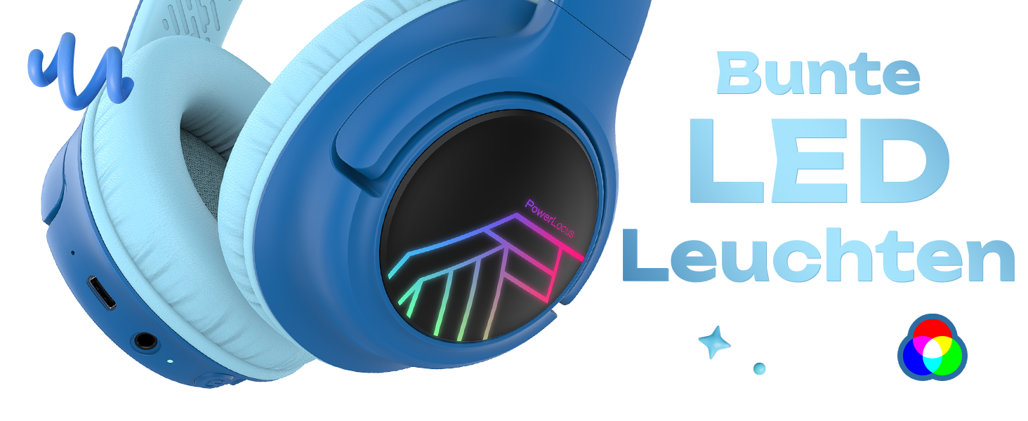 Дитячі навушники PowerLocus Bobo Bluetooth з обмеженням гучності, LED-підсвічуванням, складні, з мікрофоном для телефону/планшета/подорожей (блакитний/чорний)