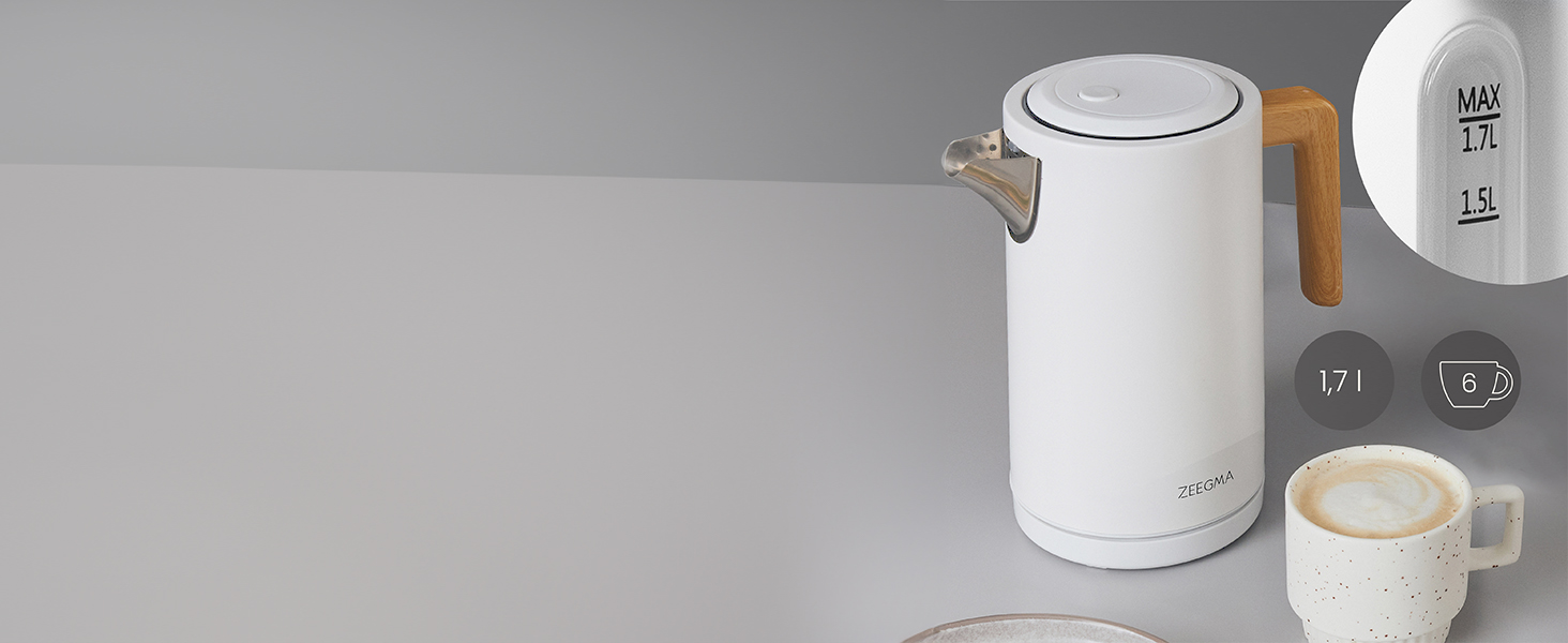 Електричний чайник ZEEGMA KETLEE 1.7L бездротовий, нержавіюча сталь, 2200W, для чаю та кави, автоматичне відключення, LED-дисплей, сучасний дизайн (білий)