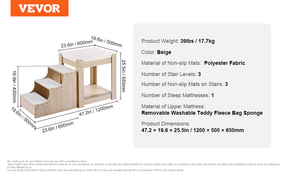 Багатоярусне ліжко для тварин VEVOR з драбиною, місцем біля вікна для собак/кішок, багатоступеневе ліжко, лежанка для собак, платформа з м'якими подушками, лежанка для домашніх тварин 120x50x65 см (Бежевий)