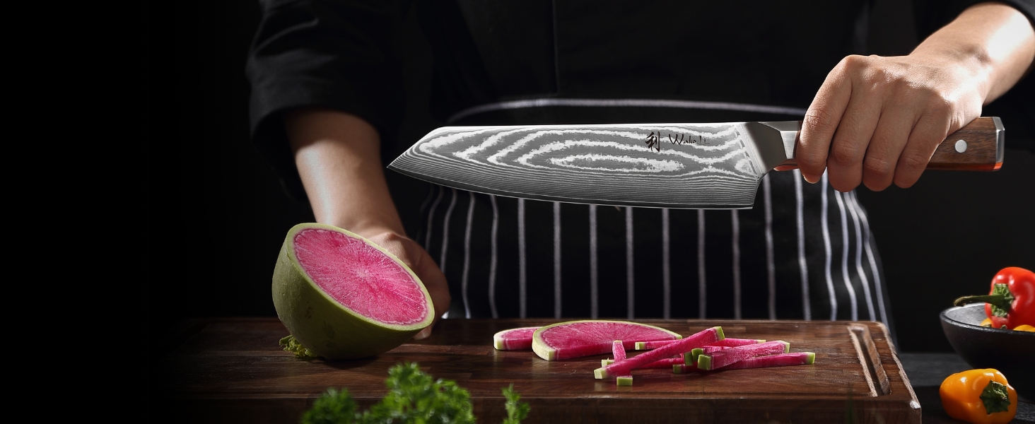 Ніж кухонний Wakoli Santoku Damast (18 см), сталь VG10, 67 шарів, рукоять з горіха, професійний, в подарунковій коробці