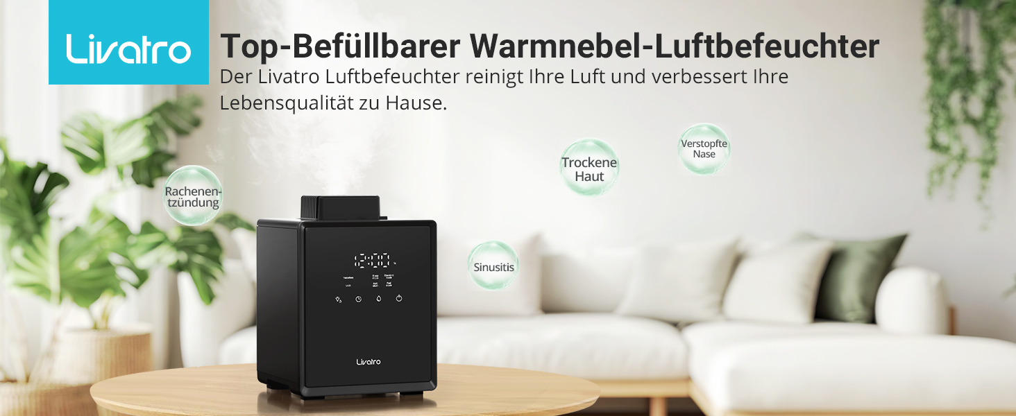 Зволожувач повітря для спальні та вітальні з верхнім заповненням, 3L, нержавіюча сталь, теплий туман, знищує 99,97% бактерій, з режимом сну, білий (чорний)