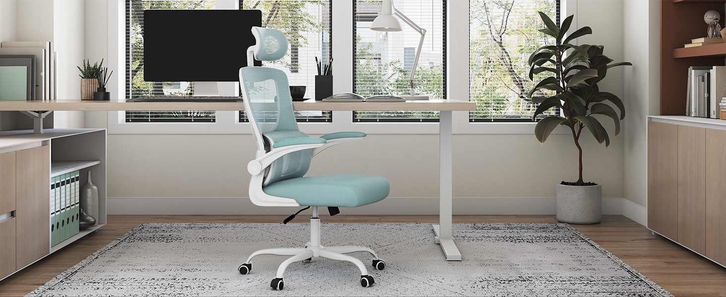 Крісло офісне WOLTU ергономічне, крісло для робочого столу з функцією гойдання, регульована підголовник, поворотні підлокітники, підтримка попереку, офісне крісло, витримує 150 кг (Блакитний)