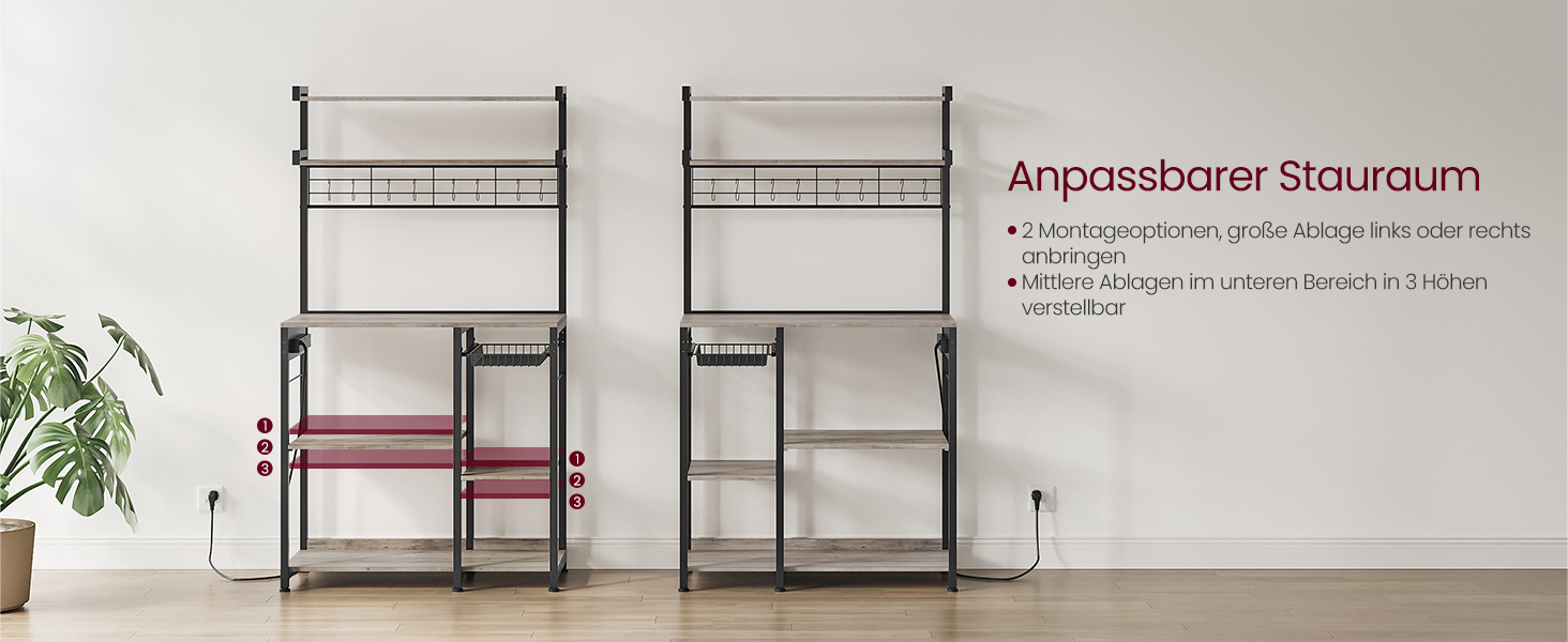 Полиця кухонна VASAGLE з розетками, стелаж для мікрохвильової печі, 8 гачків S-подібної форми, кухонний шафчик, органайзер для спецій, 40 x 90 x 165,5 см, коричневий вінтаж та чорний, KKS031K11