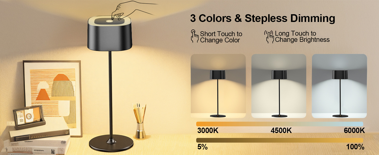 Акумуляторний LED настільний світильник з димером, 2 шт. Бездротовий сенсорний світильник USB-C, металевий, водонепроникний (IP54), 5600mAh, 5W, чорний