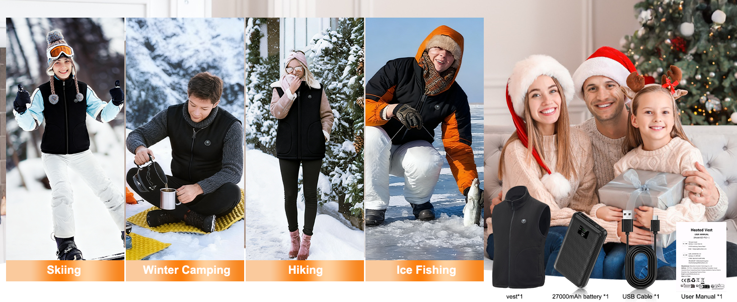 Обогревна жилетка з акумулятором 27000mAh 7.4V, флісова жилетка з 3 рівнями налаштування температури, електрична жилетка, для чоловіків та жінок, XL, глибокий чорний