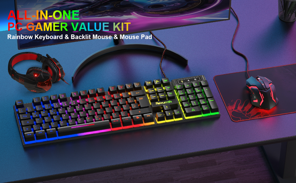Ігровий набір клавіатури та миші з навушниками, QWERTZ DE розкладка, RGB підсвітка клавіатури, ігрова миша з LED підсвіткою (4 кольори), навушники Over-Ear, велика ігрова килимок, USB провідне підключення для PC, Mac, PS5, Xbox