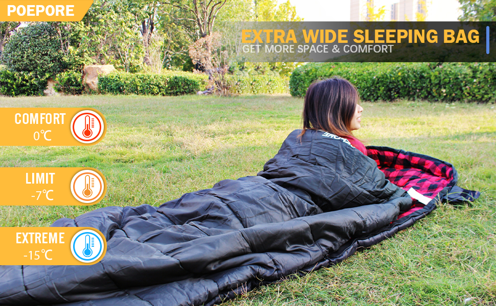 Сплячий мішок Outdoor Winter для дорослих, Extra Wide, 3-4 сезони, XXL, теплий бавовняний фланелевий ковдровий спальний мішок для кемпінгу, походів, пригод, 230 * 100CM, червоний, L-Zip, 0℃