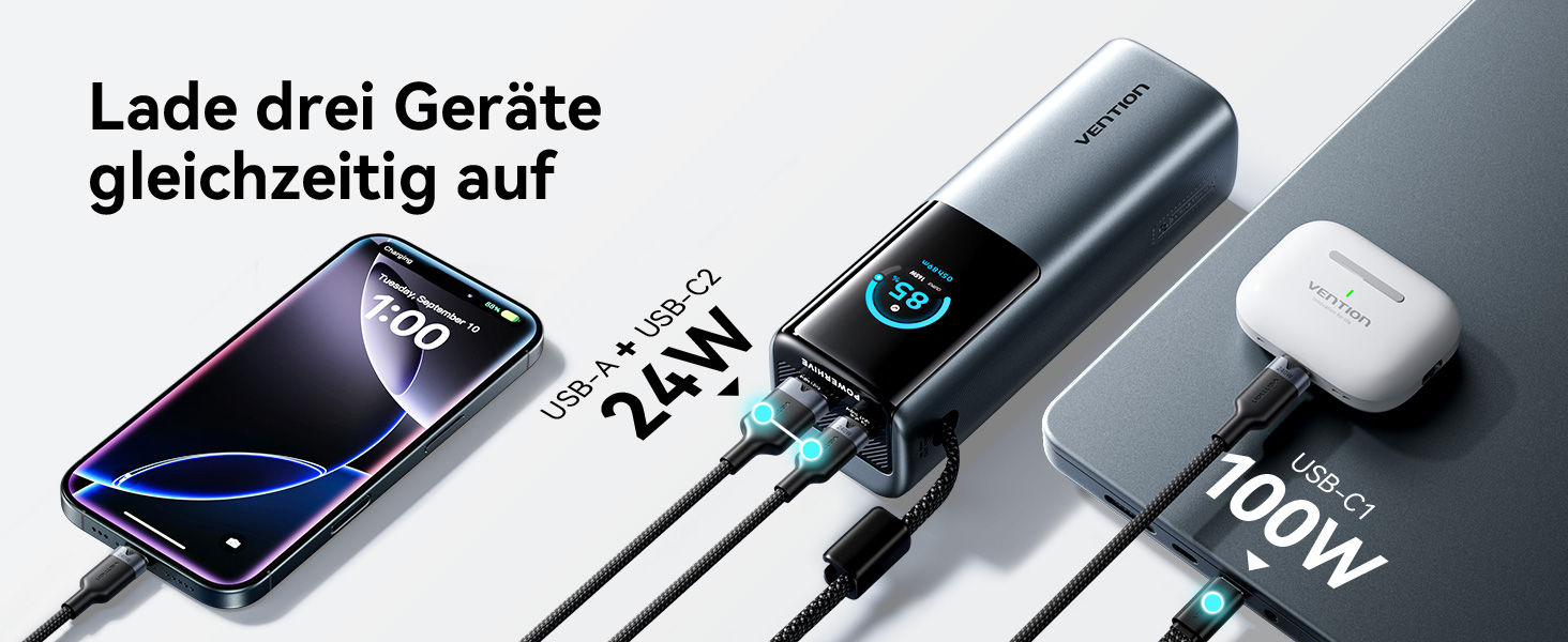 Power Bank VENTION 20000mAh 165W з дисплеєм та Emoji, інтегрований кабель USB-C, 2×100W USB-C + USB-A. Сумісний з MacBook Pro, iPad, Dell/HP, iPhone, Galaxy