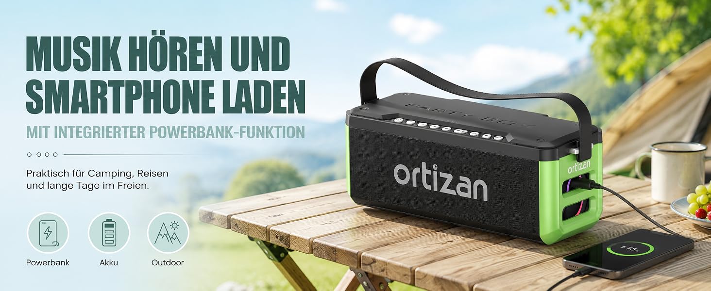 Ortizan Bluetooth колонка портативна 80 Вт, IPX7 водонепроникна, LED підсвітка, 12 год. роботи, Powerbank, стерео-з'єднання, зелено-чорна