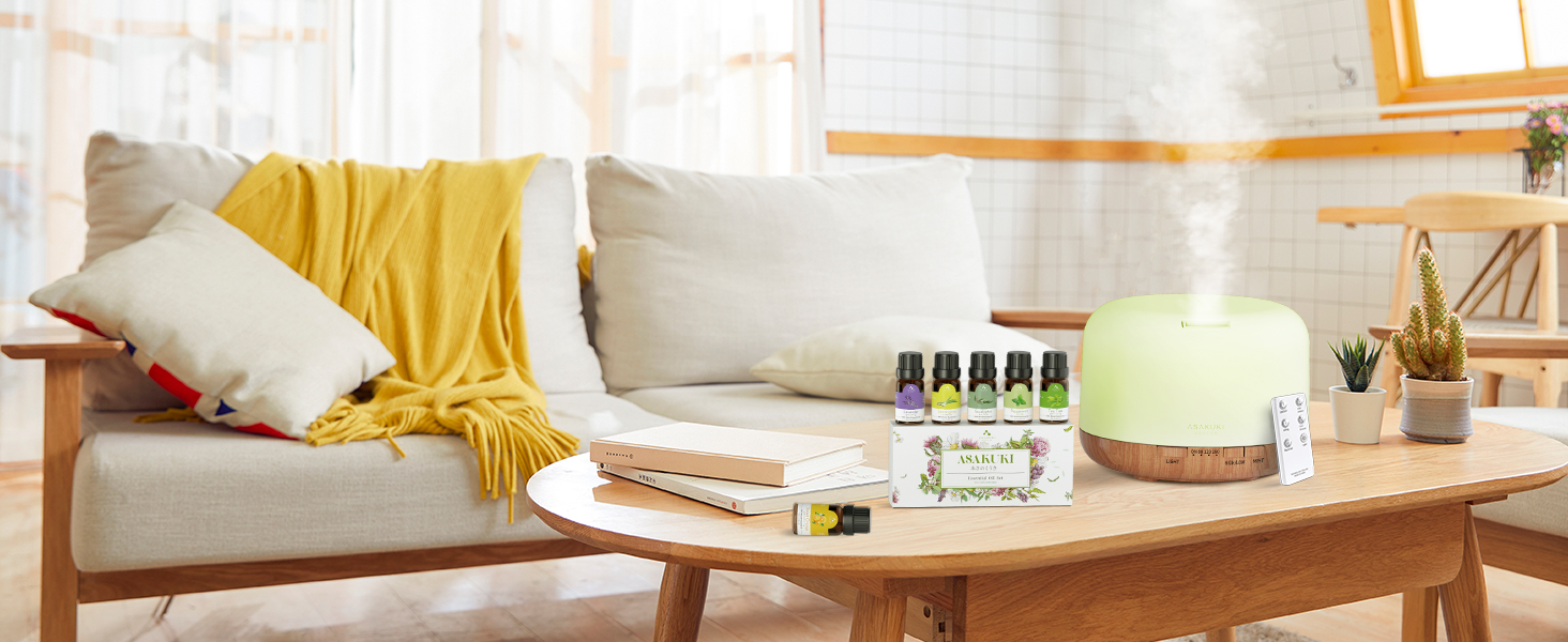 Дифузор аромату ASAKUKI 500 мл, ультразвуковий аромадифузор для ефірних олій, зволожувач повітря з пультом дистанційного керування, автоматичне вимкнення без води, 7 кольорів LED-підсвічування (з олією)