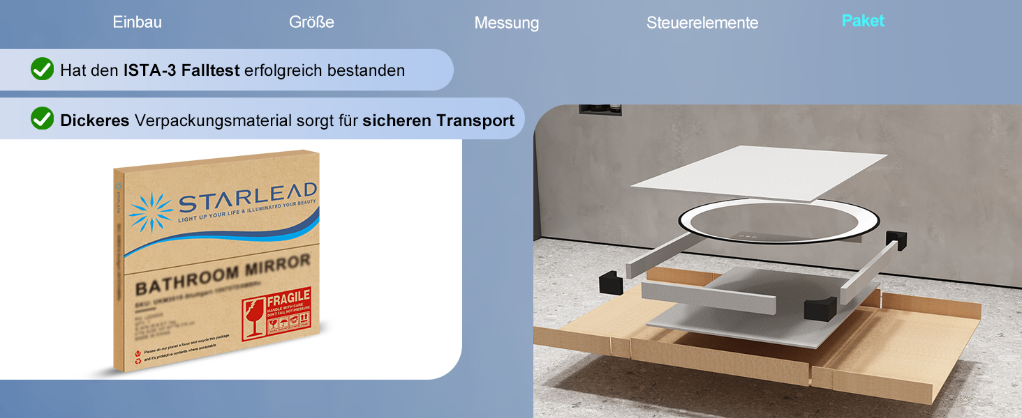 Дзеркало для ванної кімнати STARLEAD з LED-підсвічуванням 90x60 см, Bluetooth, регулювання яскравості, 3 кольори світла, протитуманне покриття, функція пам'яті, HD скло, IP44, горизонтальне/вертикальне, без рамки