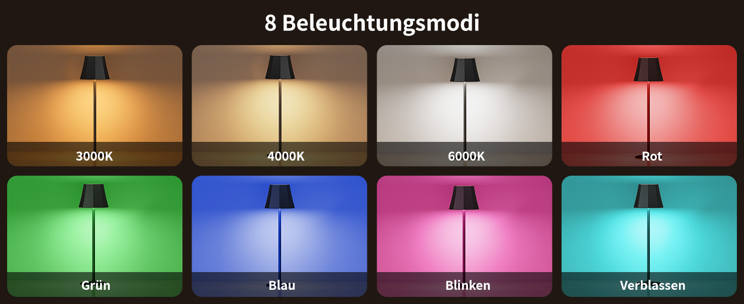 Бездротова LED-лампа Suright для столу з 3 кольоровими режимами + RGB, регульована яскравість, сенсорне управління, водонепроникність IP54, чорна