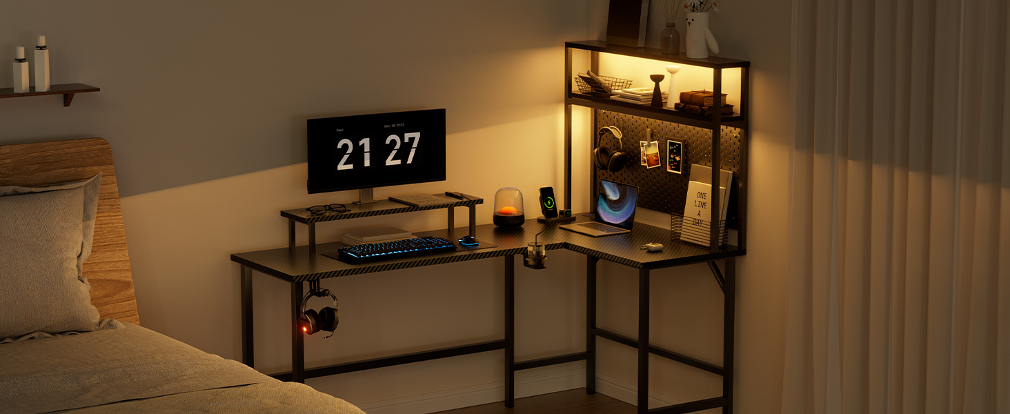 Ігровий стіл кутовий 150x100 см з 3 розетками та 2 USB, зворотний, з LED підсвічуванням, з ящиками та підставкою для монітора. Стіл для геймінгу, офісу, дому. (150 x 100 см, карбон)