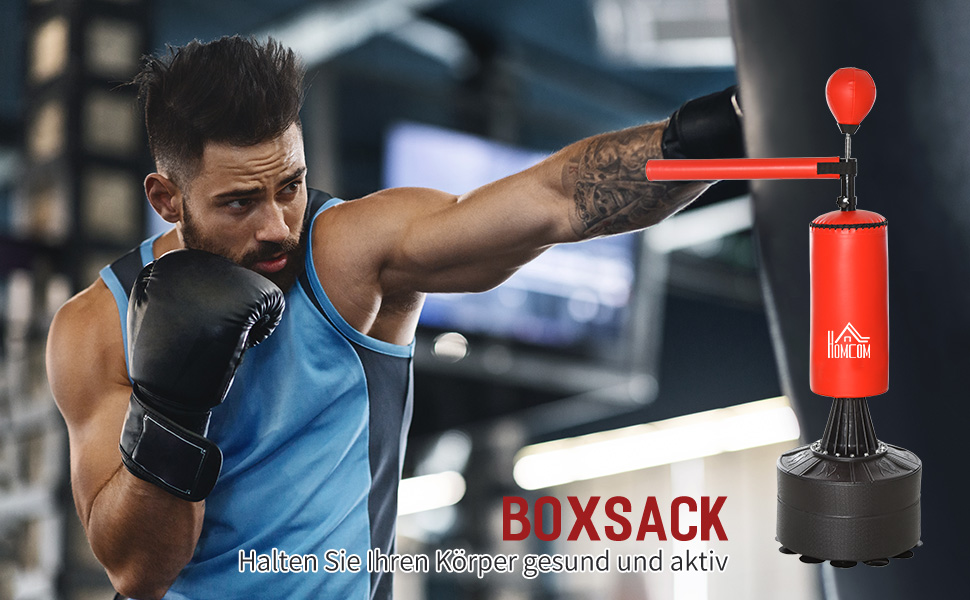 HOMCOM Боксерський мішок-стенд з рефлекс-м'ячем, 360° обертання, присосок, заповнюється піском/водою, стоячий боксерський асистент з рукавичками, насос, боксерський мішок для тренувань 88 x 48 x 155-205 см