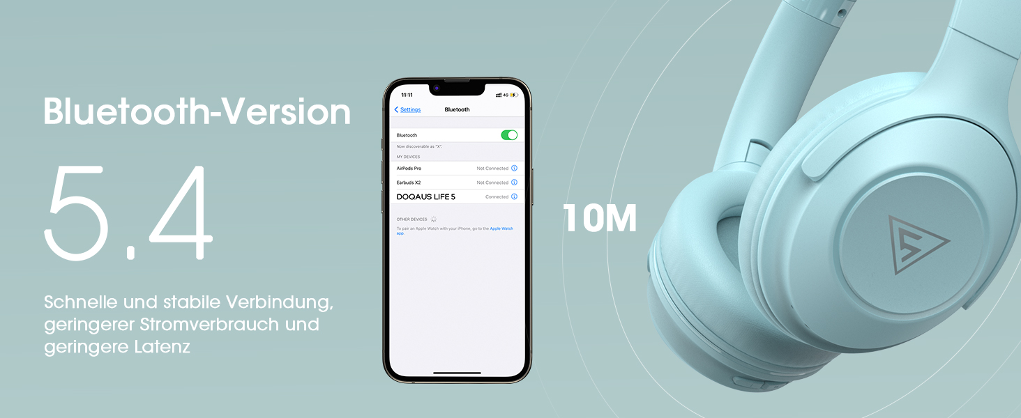 Бездротові навушники DOQAUS Bluetooth з тривалим часом роботи (70 годин), Over-Ear, Bluetooth 5.4, з кабелем, 3 режими EQ, HiFi стерео для подорожей/телефону/ПК (блакитні)