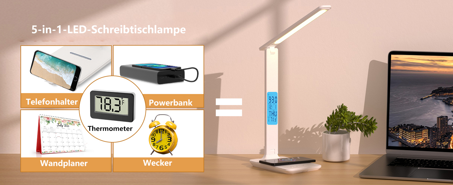 LED настільна лампа з бездротовою зарядкою та USB-портом, диммування, годинник, 3 режими освітлення, Tx26cwhite-eu