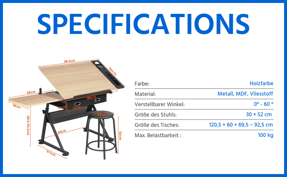 Yaheetech Adjustable Drafting Table with Stool and Drawers - Height Adjustable Desk for Architects, Technicians, and Students - Wood Finish