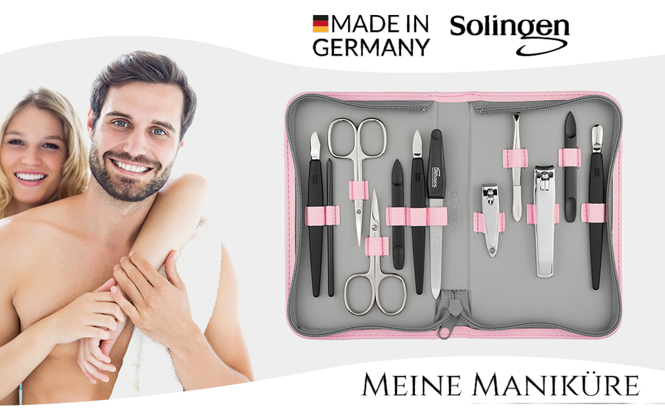 Набір для манікюру та педикюру Solingen Mega Manikür Set 12 шт. - професійний набір для чоловіків та жінок у стильному рожевому еко-шкіряному кейсі