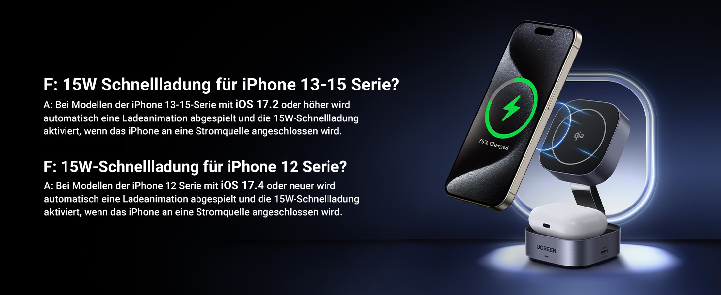 Ugreen MagFlow Qi2 Бездротова зарядка 15W 2-в-1 MagSafe для iPhone 15/16/17, AirPods + Кабель 1м