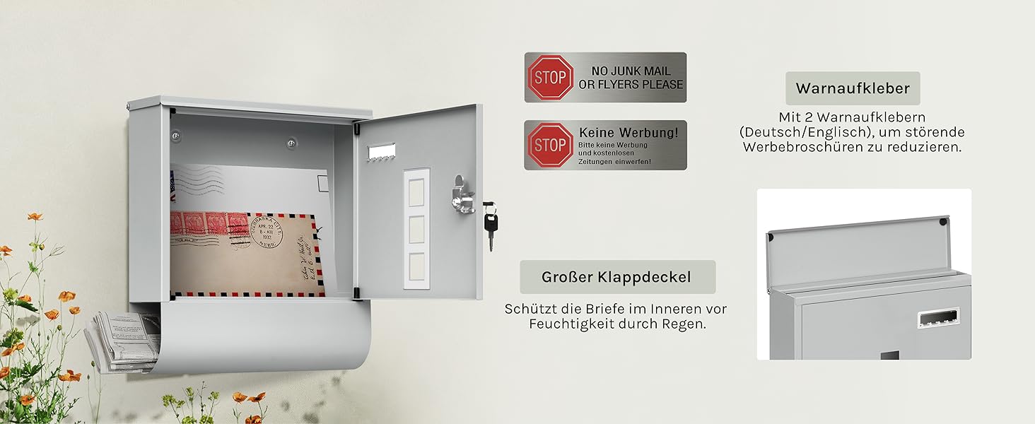 Поштовий ящик WOLTU з газетницею, оглядовим вікном та табличкою для імені, настінний, замикається на ключ (2 ключі), сучасний, сірий (30,5x33,5x9 см)