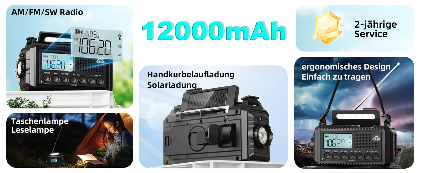 Радіо Roxicosly з ручним приводом, 12000mAh Power Bank, AM/FM/SW, радіо для надзвичайних ситуацій, ліхтар, зарядний пристрій, для відпочинку на природі, кемпінгу, туризму, чорний