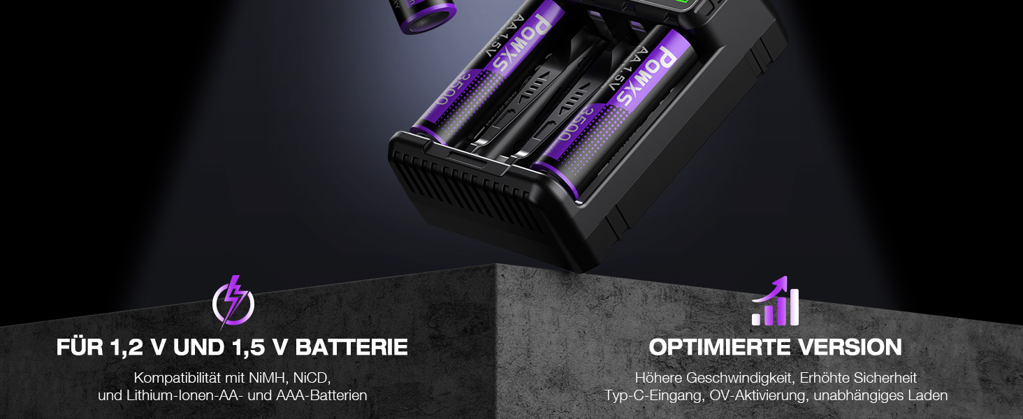 Акумулятори POWXS 8x 3500mAh AA Lithium з 8-порідним швидким зарядним пристроєм з LCD-дисплеєм | Швидка зарядка та стабільна напруга 1.5V | Для геймпадів, LED-ліхтарів, пультів дистанційного керування