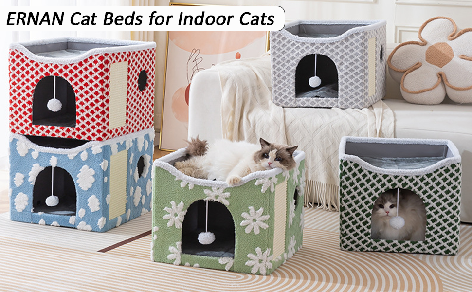 Будиночок-лежанка для кота ERNAN з когтеточкою та іграшкою, розкладний, синій, S