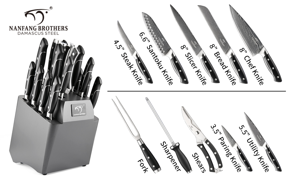NANFANG BROTHERS 18-Piece Damascus Kitchen Knife Set with Hammered Handles & Wood Block - Premium Sharp Steel Blades