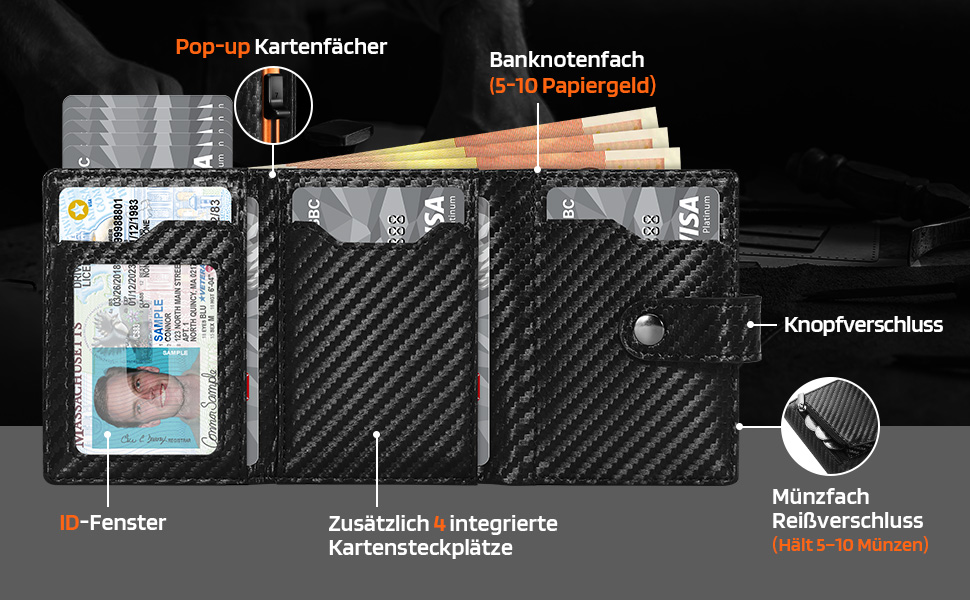 Чоловічий гаманець Tomylv з RFID захистом, стильний, з карбонової шкіри, двостороній, чорний & помаранчевий