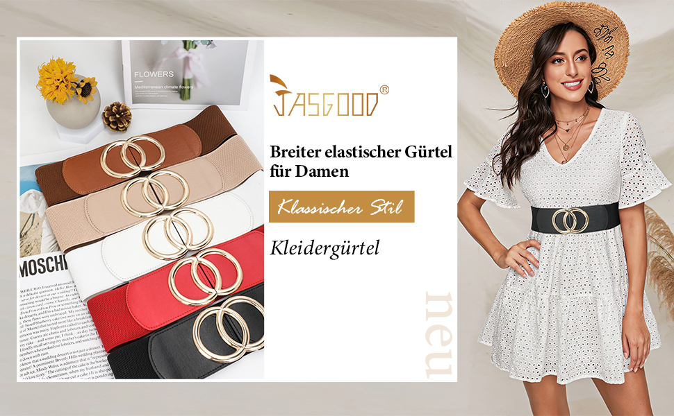 Жіночий широкий еластичний пояс JasGood вінтажний, з золотою пряжкою, білий, 80 см (під талію 80-95 см)