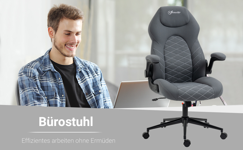 Крісло офісне Vinsetto, ергономічне, комп'ютерне з регульованими підлокітниками та функцією гойдання, м'яке крісло, мікрофібра, темно-сіре