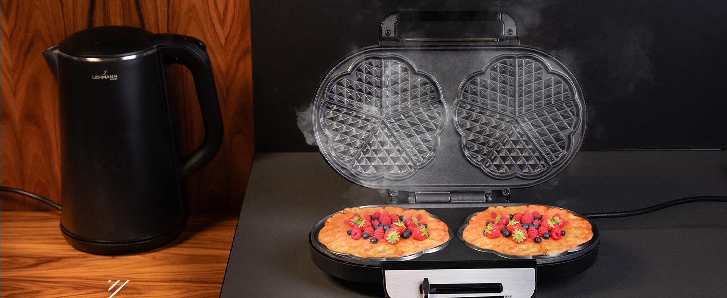 Вафельниця LEHMANN Doppel Waffeleisen Herzform - для випікання 10 вафель у формі серця, з антипригарним покриттям, регулюванням температури, індикатором нагріву, 1200W, чорний/срібний
