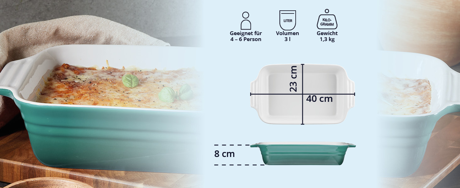 Форма для запікання KHG велика 40 см, блакитна, на 4-6 осіб, об'єм 3 літри, кераміка, прямокутна, стійка до подряпин, для лазаньї, тірамісу та інших запіканок, 1 шт.