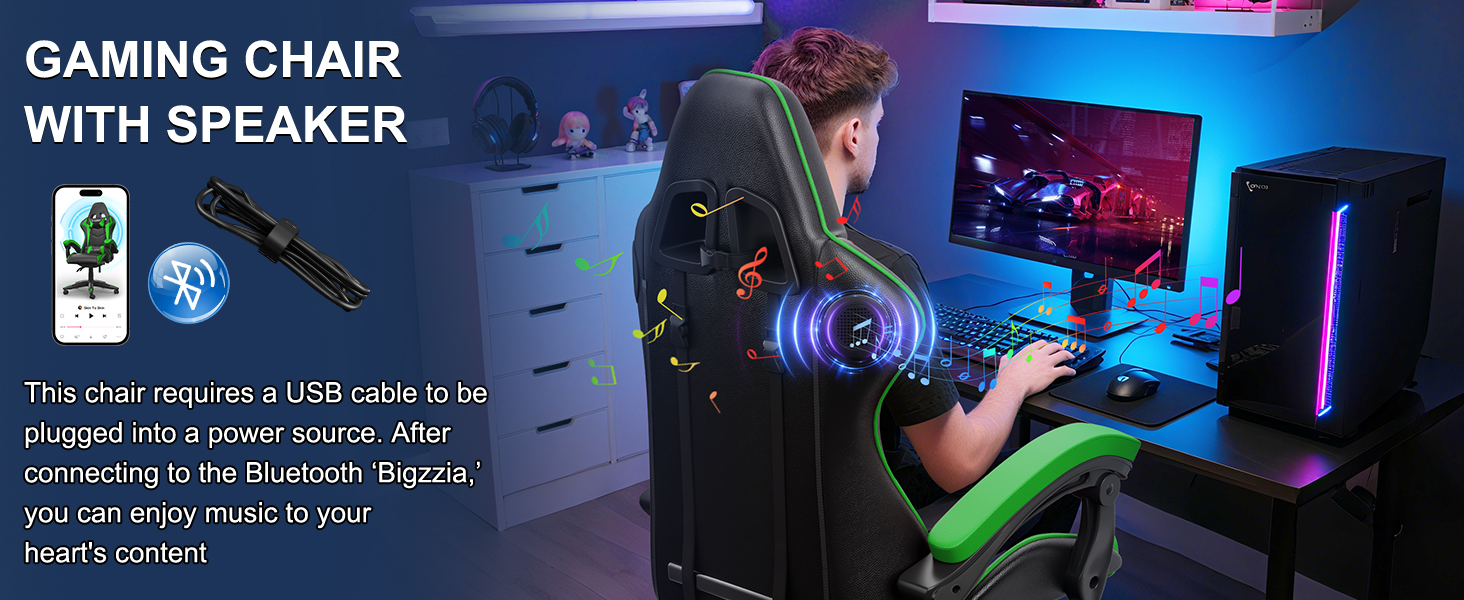 Геймерське крісло Bigzzia Ergonomisch з підтримкою попереку та голови, регульоване по висоті, для підлітків та дорослих (Зелене, Bluetooth)