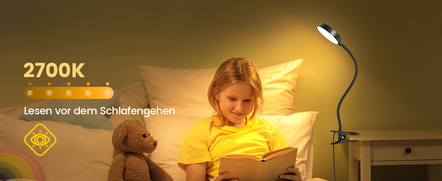 Світлодіодна приліжкова лампа Glocusent з кліпсою, 72 LED, 3 кольори, 5 рівнів яскравості, нічник, таймер, захист очей для читання, роботи (чорна з адаптером)