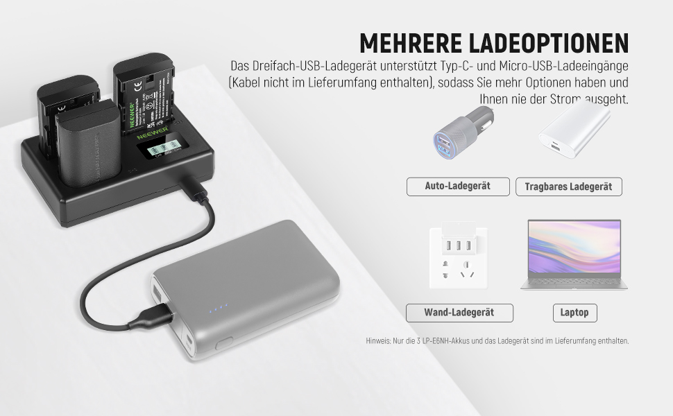 NEEWER Комплект акумуляторів та зарядного пристрою LP-E6NH (3 шт. 2250mAh) з USB зарядкою на 3 слоти, серветка, сумісний з Canon EOS R7, R5, R6, R6 II, R 5DIV, 6DII, 7DII, 80D, 90D