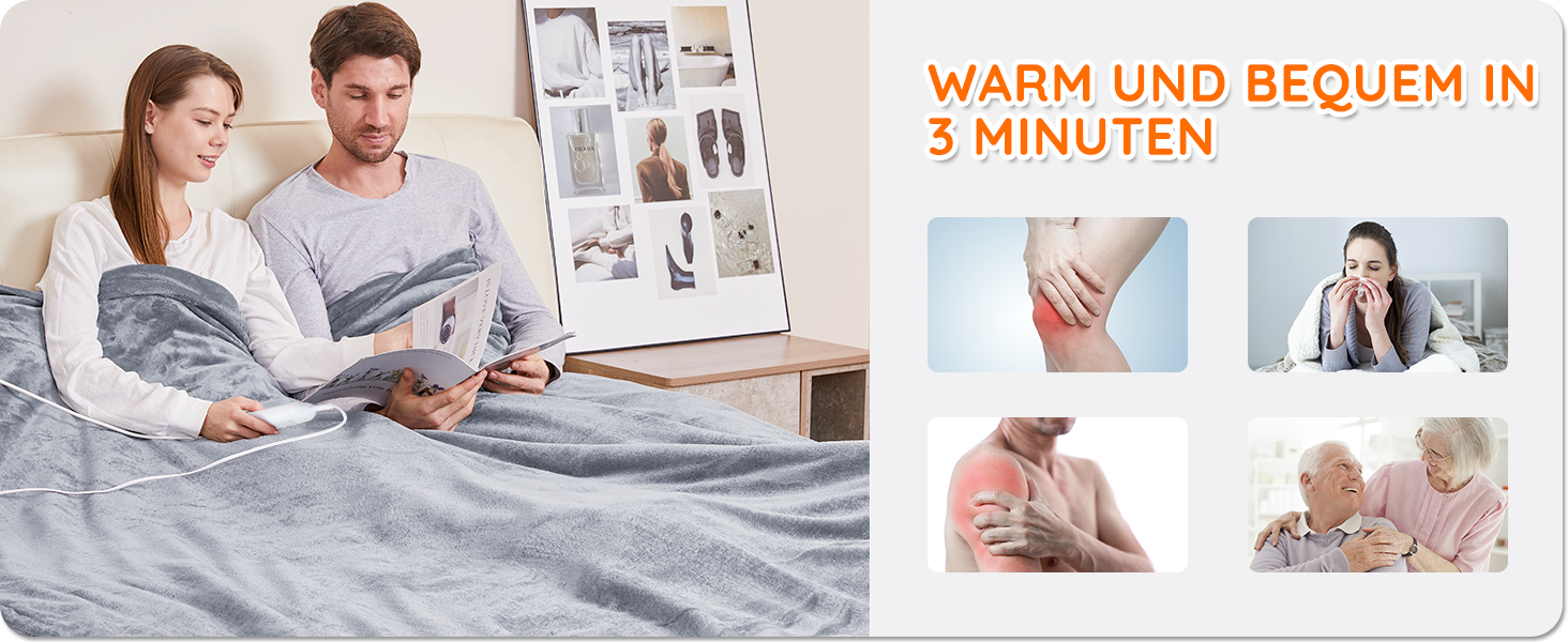 Електрична гріюча ковдра з автовимкненням, 200x180 см, 10 рівнів нагріву, таймер, захист від перегріву, для дому та офісу, флісова, сіра