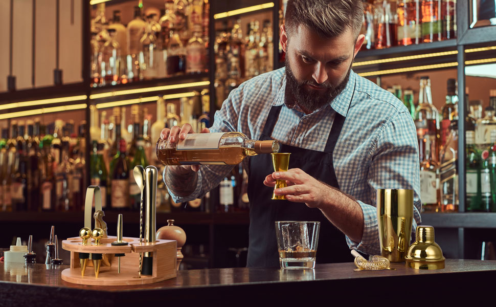 Набір шейкер для коктейлів Esmula 750 мл, 12 предметів, нержавіюча сталь, барменський аксесуар, подарунок для чоловіків та жінок, з книгою рецептів (Золотий)