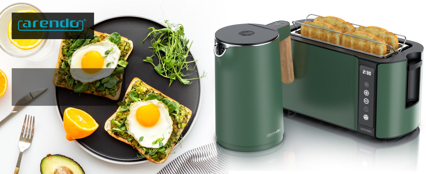 Набір кухонних приладів Arendo: чайник з регулюванням температури та тостер на 4 шматочки з LED-дисплеєм – зелений (Set 1)