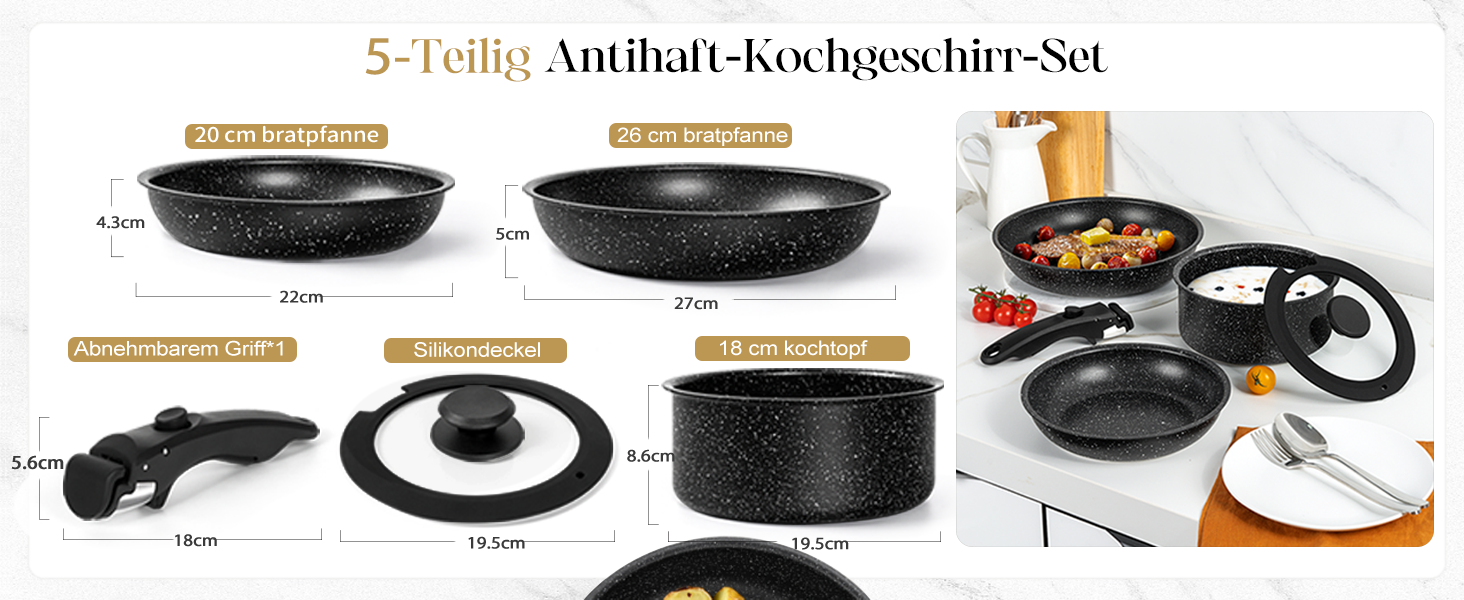 Набір сковорідок Michelangelo (20/24/28 см) з знімним ручками, індукційне дно, антипригарне покриття з мармуру, до 240°C, чорний (5-ти частинний)