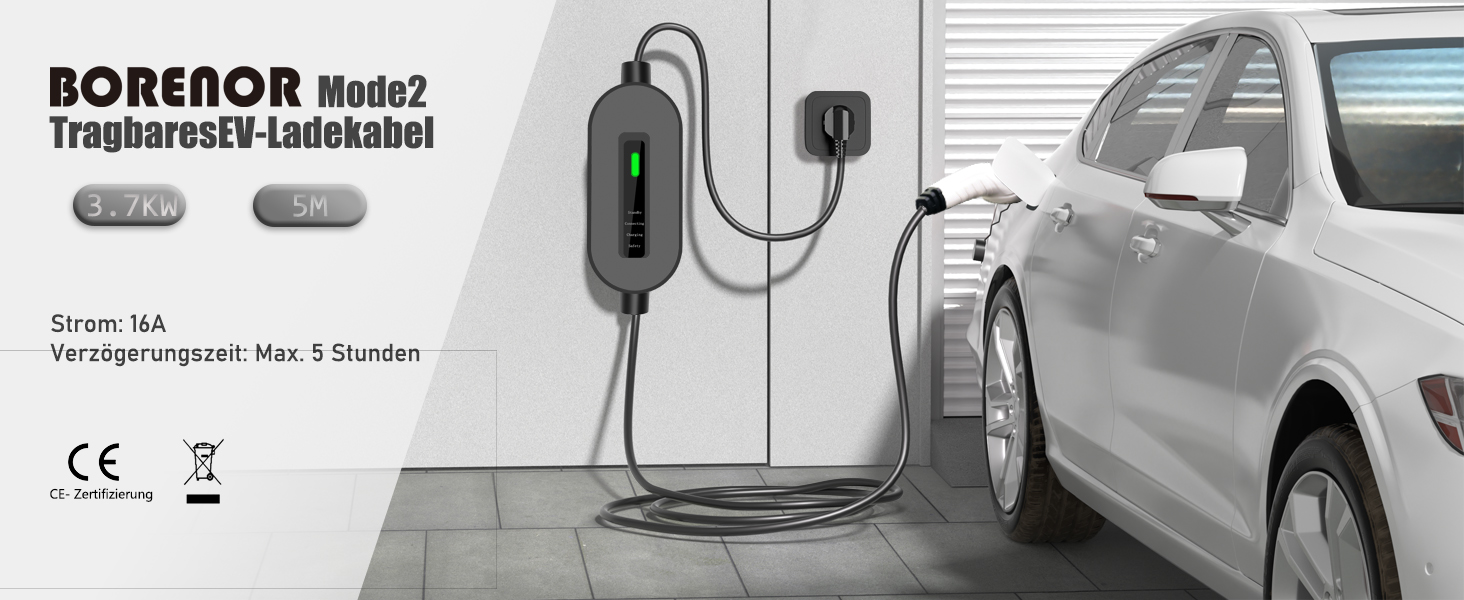 Кабель для зарядки електромобіля Type 2 Schuko 3,7kW, 16A, 5м, для електромобілів та гібридів - чорний