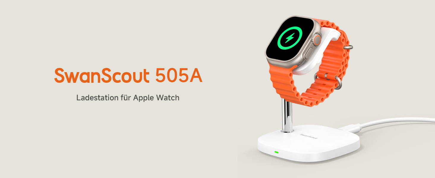 Зарядний пристрій для Apple Watch SwanScout 505A (Чорний): Підтримка всіх моделей (Ultra 3, SE 3, 11, 10, 9, 8, 7, 6, 5, 4, 3, 2, SE 2), Бездротова зарядка 5W, Регульований кут
