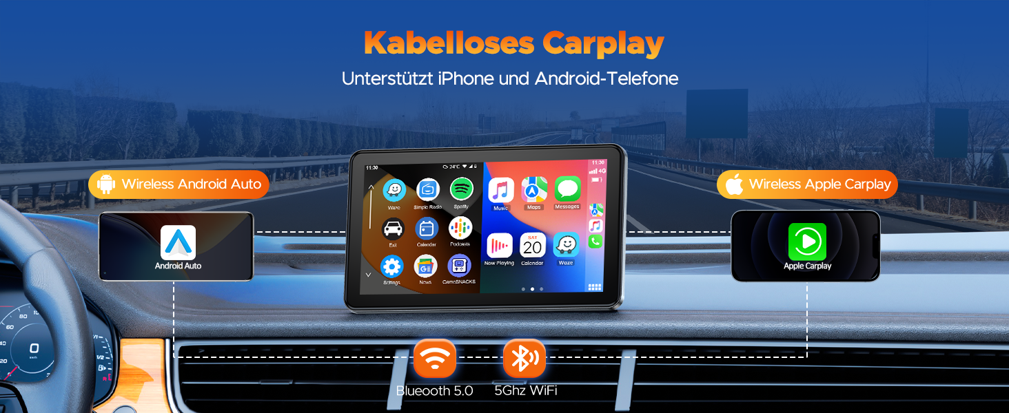 Volam Бездротовий CarPlay/Android Auto дисплей 7 дюймів, сенсорний екран, Mirror Link, навігація, музика, Siri, Google Асистент, Bluetooth 5.0, AUX, FM