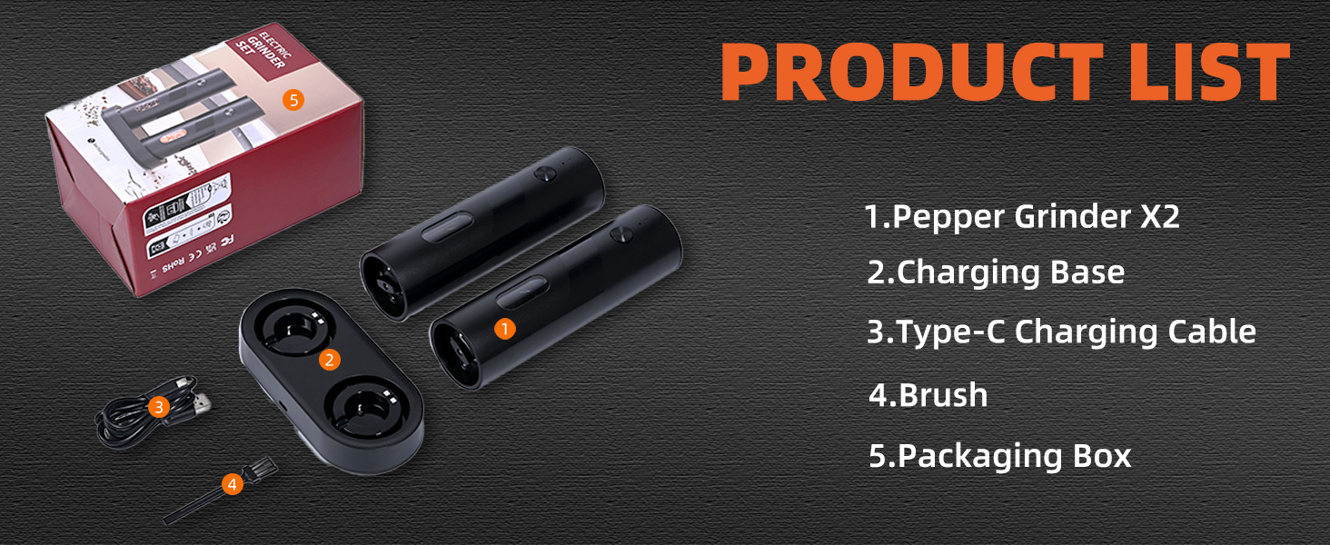 Набір електричних мельниць для солі та перцю з заряджною станцією, об'єм 110 мл, 5 ступенів помелу, керамічна млинка, щітка, 2 шт., чорний