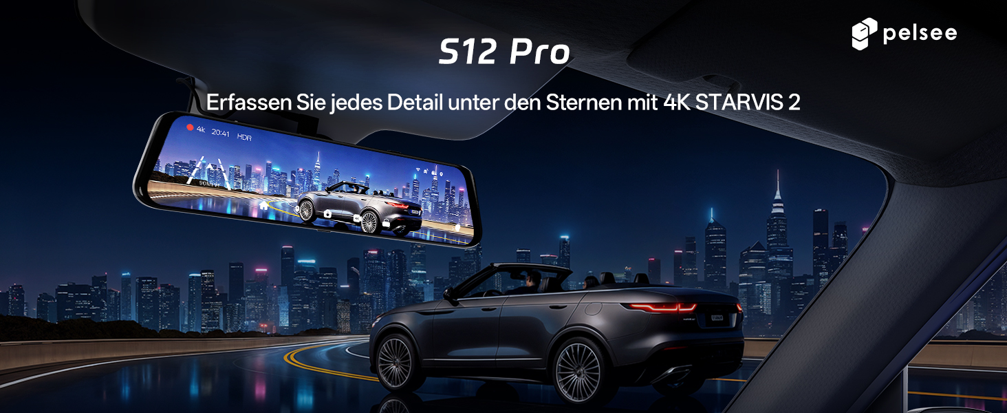 Автомобільний відеореєстратор-дзеркало Pelsee S12 Pro 12' 4K з передньою та задньою камерами, сенсором STARVIS 2, 5.8 GHz WiFi, GPS, ADAS, BSD та карткою пам'яті 64GB