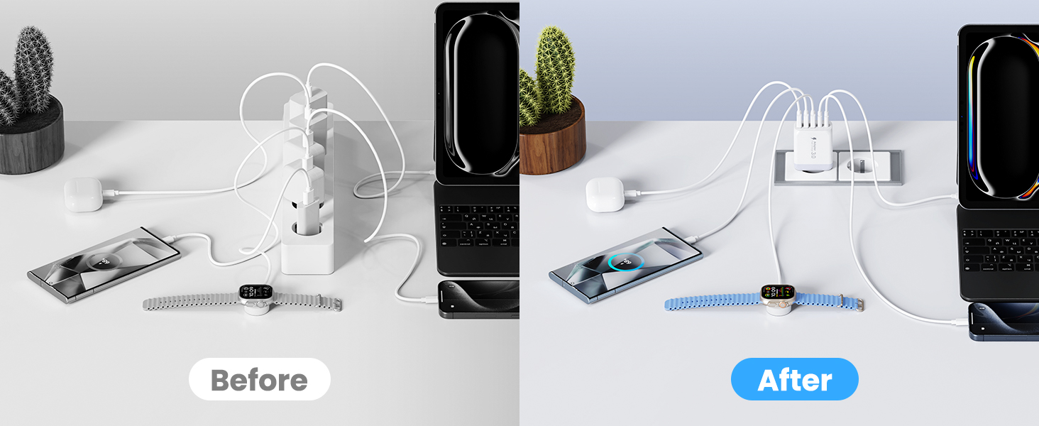 Мережевий зарядний пристрій USB-C з 5 портами, швидка зарядка, білий. Заряджає iPhone, Samsung Galaxy, Google Pixel та інші пристрої.