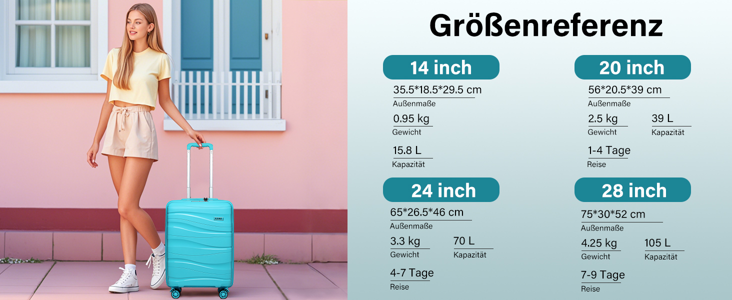 KONO Чемодан середнього розміру 65см з поліпропілену, з TSA замком, 65x46x26.5см (Крем-білий, світло-блакитний)