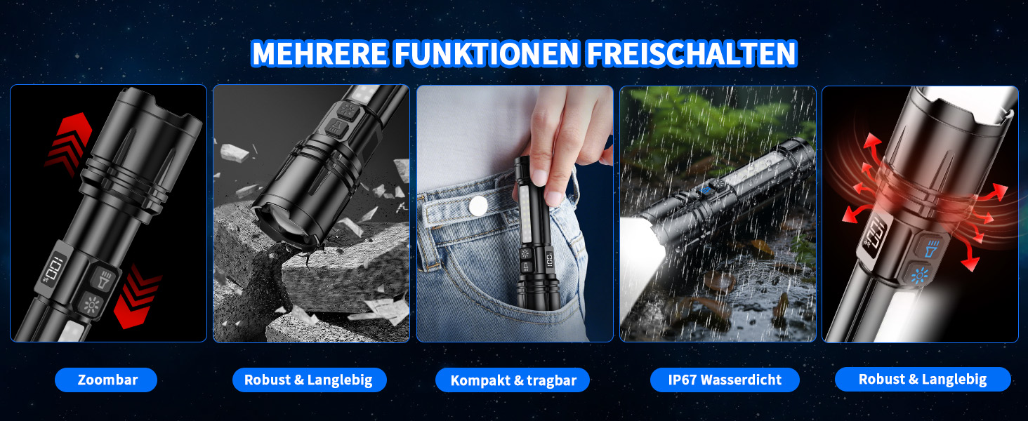 Ліхтар Shadowhawk XHM90.2: Потужний LED ліхтар з LCD дисплеєм, COB бічне світло, 7 режимів, 500000 люмен, тактичний, для кемпінгу та активного відпочинку, чорний