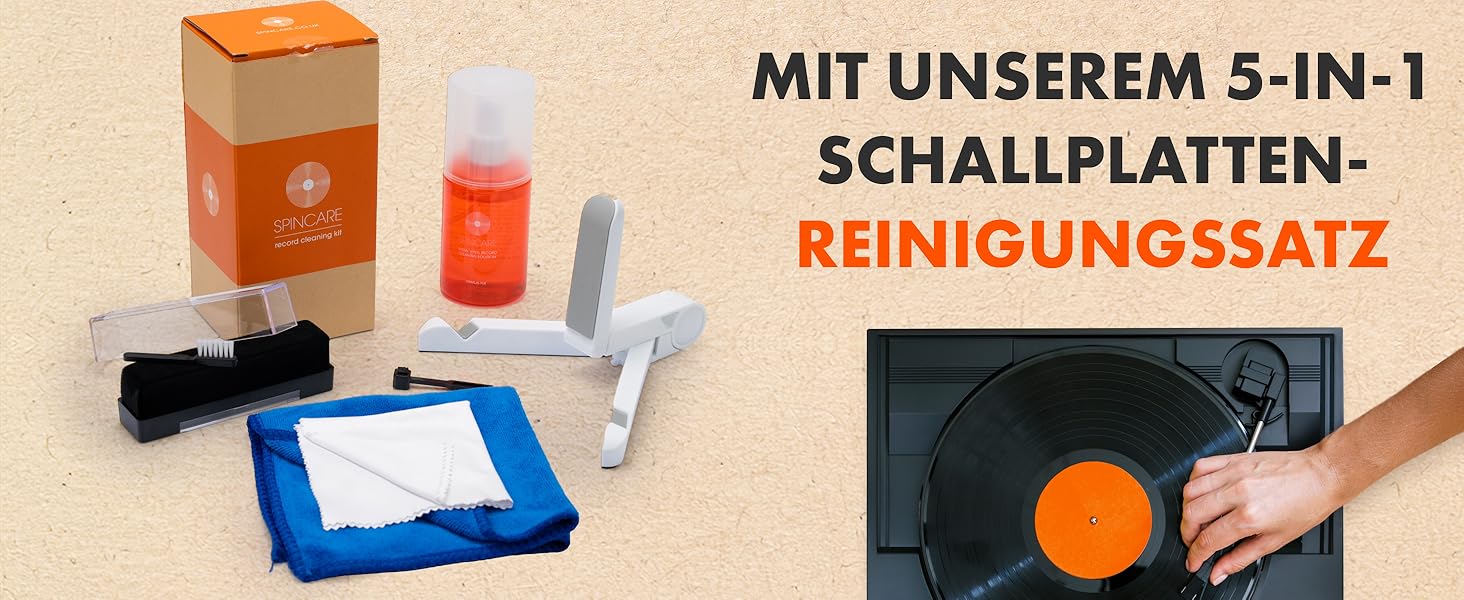 Набір для чищення вінілових платівок SPINCARE 5-в-1: щітка антистатична, щітка для голок, рідина для чищення, стійка для сушіння