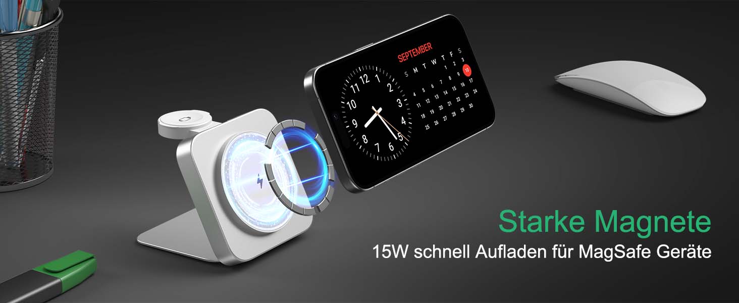 Бездротова зарядка MagSafe для Apple Watch та iPhone, сумісна з iPhone 16/15/14/13/12, iWatch, AirPods Pro 3/2 (срібна)